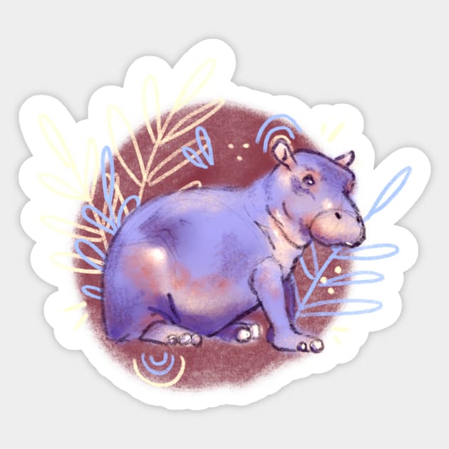 Cute Purple Hippo with Leaves and Plants Sticker by livelonganddraw